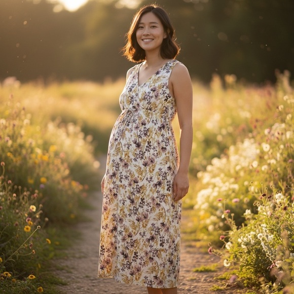 Women's XS MATERNITY Cottagecore Maxi Floral Soft V-Neck Sleeveless Dress - Picture 7 of 7